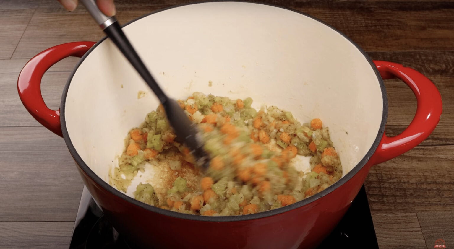 making the gravy for the chicken pot pie